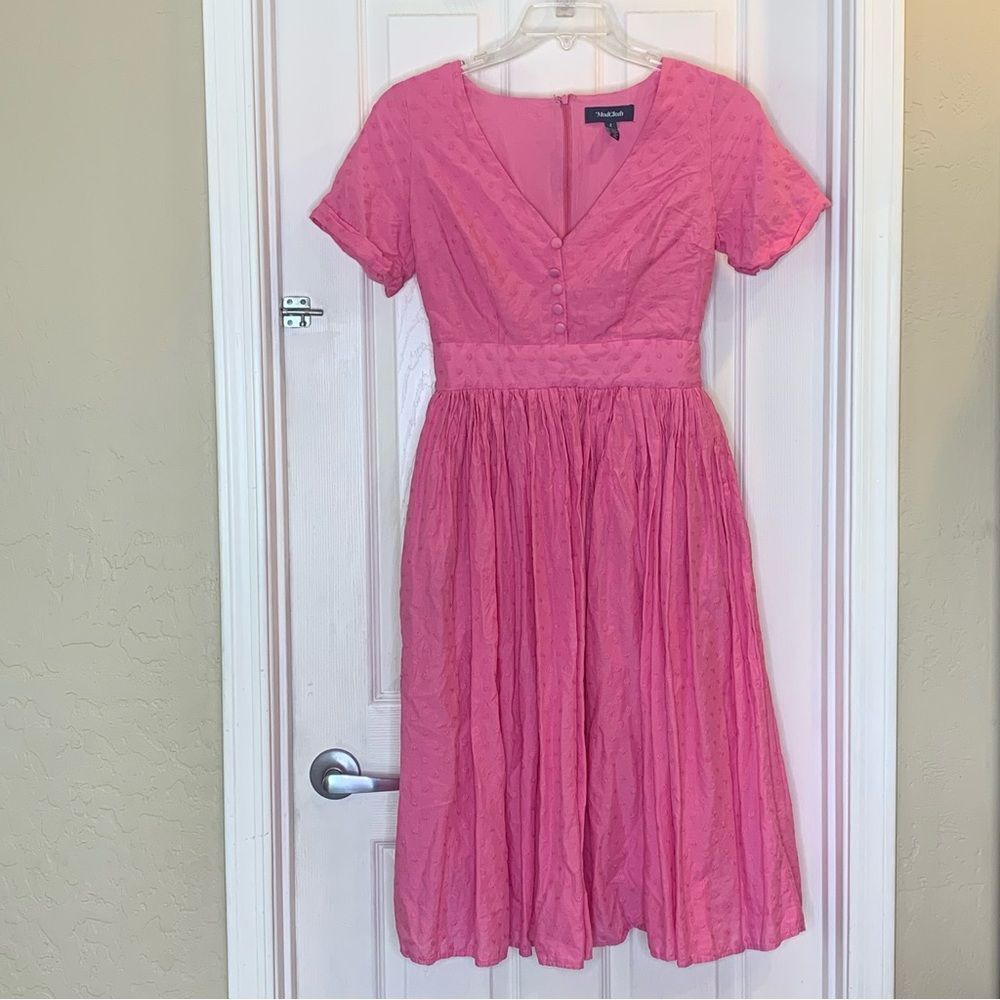 ModCloth Fabulous Fit and Flare Textured Fabric Shirt Pink Midi Dress Size 2 - Picture 2 of 13
